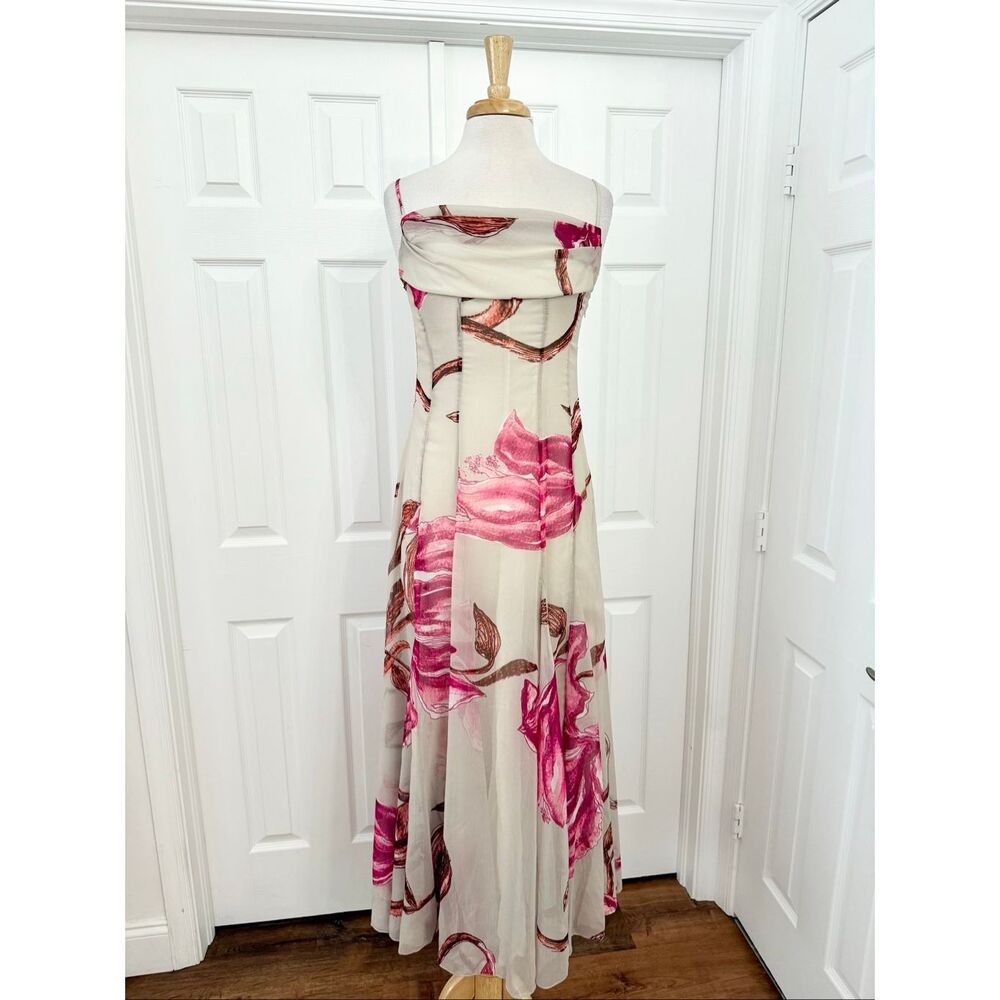 Rococo Sand Grace White Pink Floral Sleeveless Flowy Maxi Gown Dress Medium NWT